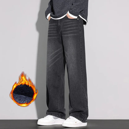 Fleece Jeans Men's Winter Fashion Straight Loose Thick Fleece Trousers Casual Vintage Streetwear Male Warm Plush Denim Pants