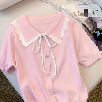 Elegant Short Sleeve Sweater with Lace Up Contrast Trim - Women's Clothing