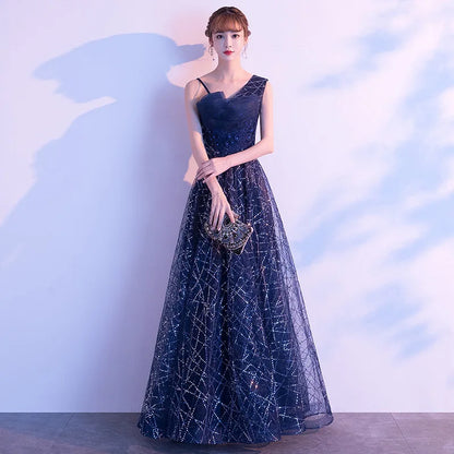 Ele Blue adient Starry  Evening Gown Women's Faion ow Host Ball Dr Autumn New Arrival Chinese Production