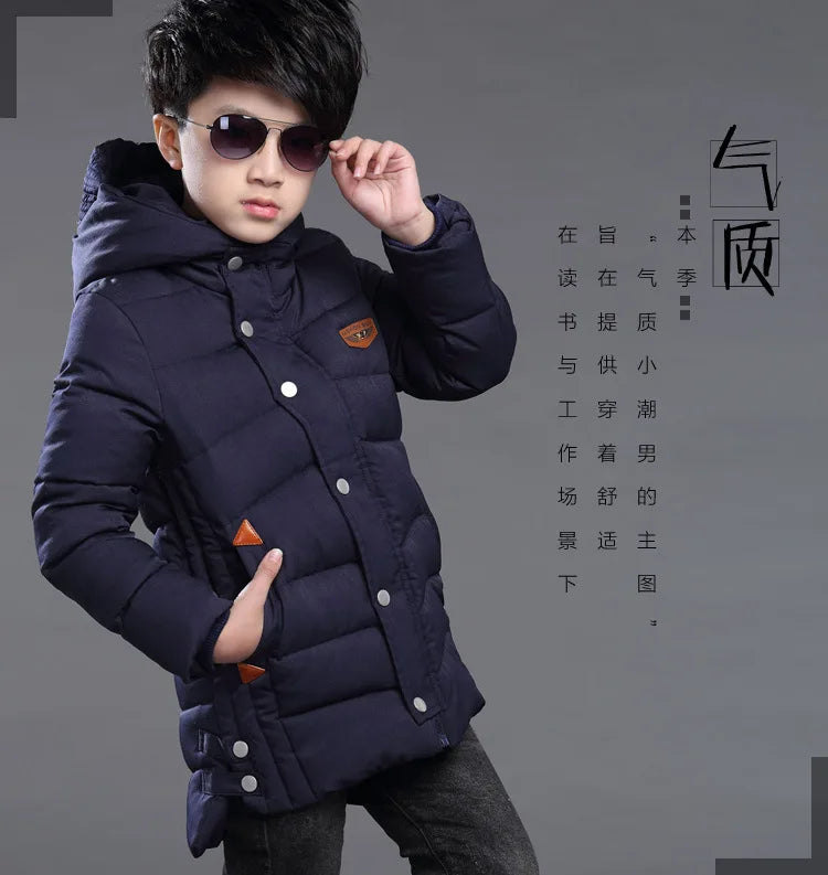 5-14 Years Big Boys Jacket Winter Thicken Warm Teenager Kids Jacket Fashion Long Style Zipper Hooded Children Outerwear Clothing