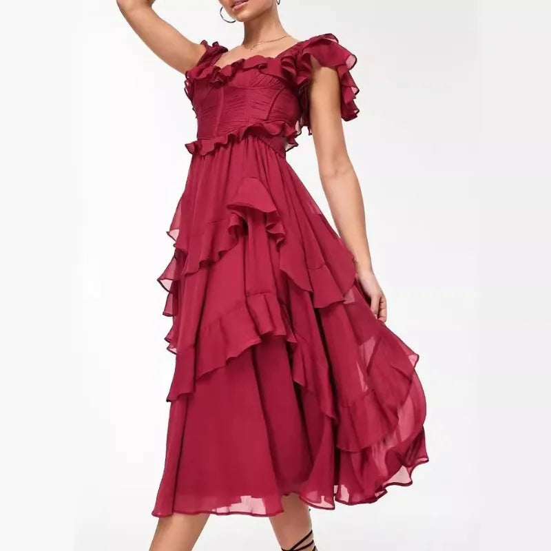 Europe and America Summer Dresses Ceremonial Dress Spend One's Holidays Lace Backless Hollow Out Tiered Flounce Fold Breathable