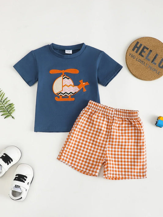 Infant Boys Summer Short Sleeve Outfit with Helicopter Embroidery Pattern Baby Clothing Set