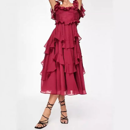Europe and America Summer Dresses Ceremonial Dress Spend One's Holidays Lace Backless Hollow Out Tiered Flounce Fold Breathable