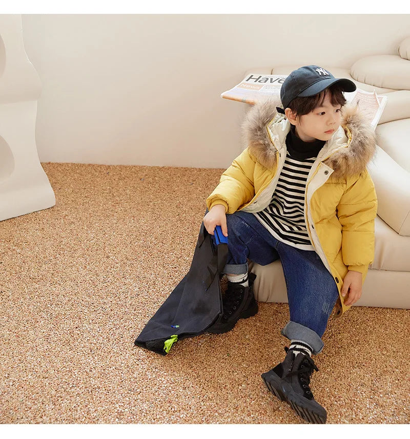 Winter Girls Down Jacket Keep Warm Fur Collar Fashion Little Princess Coat Hooded Boys Long Parkas Outerwear Children Clothing