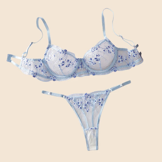 Sexy Lingerie Blue Mesh Underwear Delicate Embroidery Bra Set See Through Erotic Lingerie Romantic Intimate Underwear Sexy Set