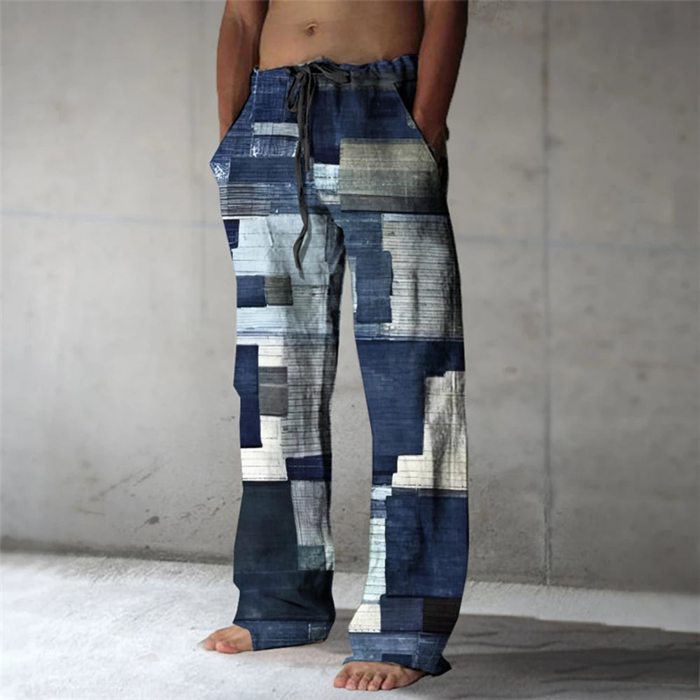 Plaid Color Block Men's Resort 3D Printed Casual Pants Trousers Elastic Waist Fit Straight-Leg Pant Summer Beach Pants 6XL