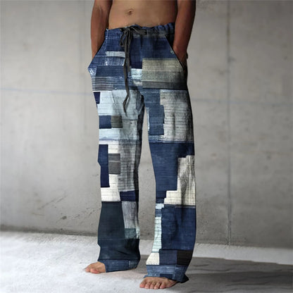 Plaid Color Block Men's Resort 3D Printed Casual Pants Trousers Elastic Waist Fit Straight-Leg Pant Summer Beach Pants 6XL