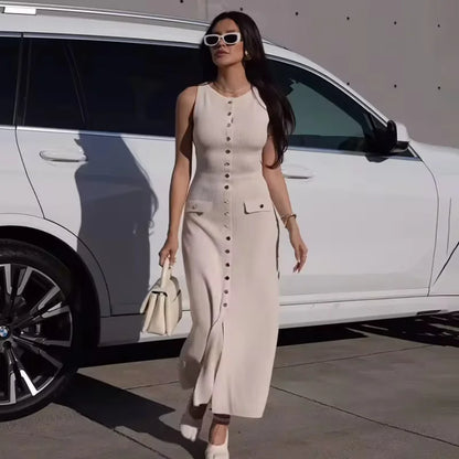 Elegant Sleeveless Single-breasted Ribbed Sweaters Long Dress for Women High Waist Bodycon Knitted Fake Pocket Dress New