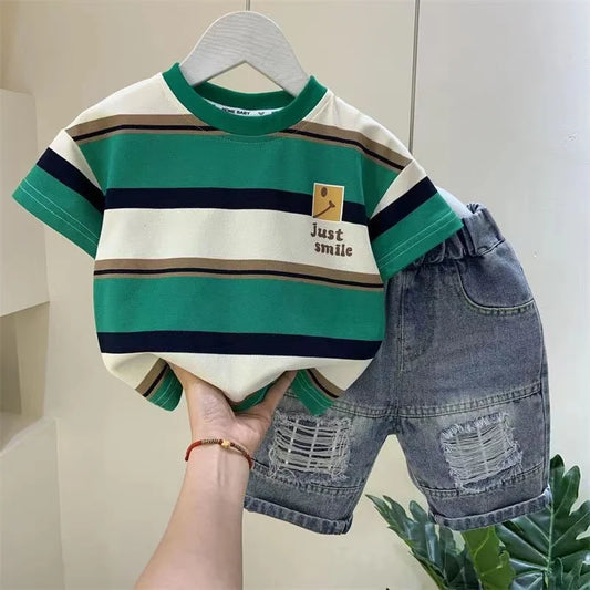 Boys Summer 2026 New Boutique Design Outfits Cotton Set Baby Boys Short Sleeve Shirt Jeans Shorts 2pcs Clothing Children 6 7 8Y