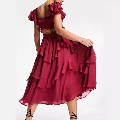 Europe and America Summer Dresses Ceremonial Dress Spend One's Holidays Lace Backless Hollow Out Tiered Flounce Fold Breathable