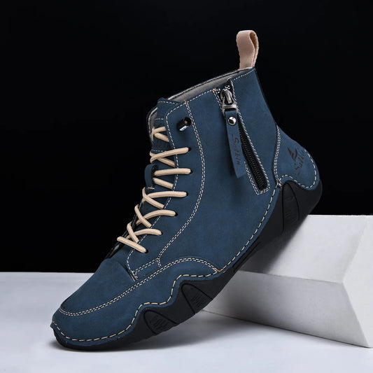Men's Hand-Stitched Vintage Boots, Fashionable Solid Color Side Zipper High-Top Casual Shoes, Spring and Autumn Everyday Wear, Bare Boots, Outdoor Hiking Sneakers