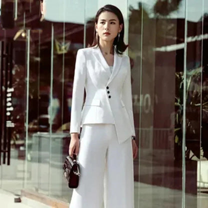 Elegant White two Pieces Suit Set for Women Peak Lapel Jacket Wide Leg Pants Sets Slim Fit Office Business Daily Female Clothing