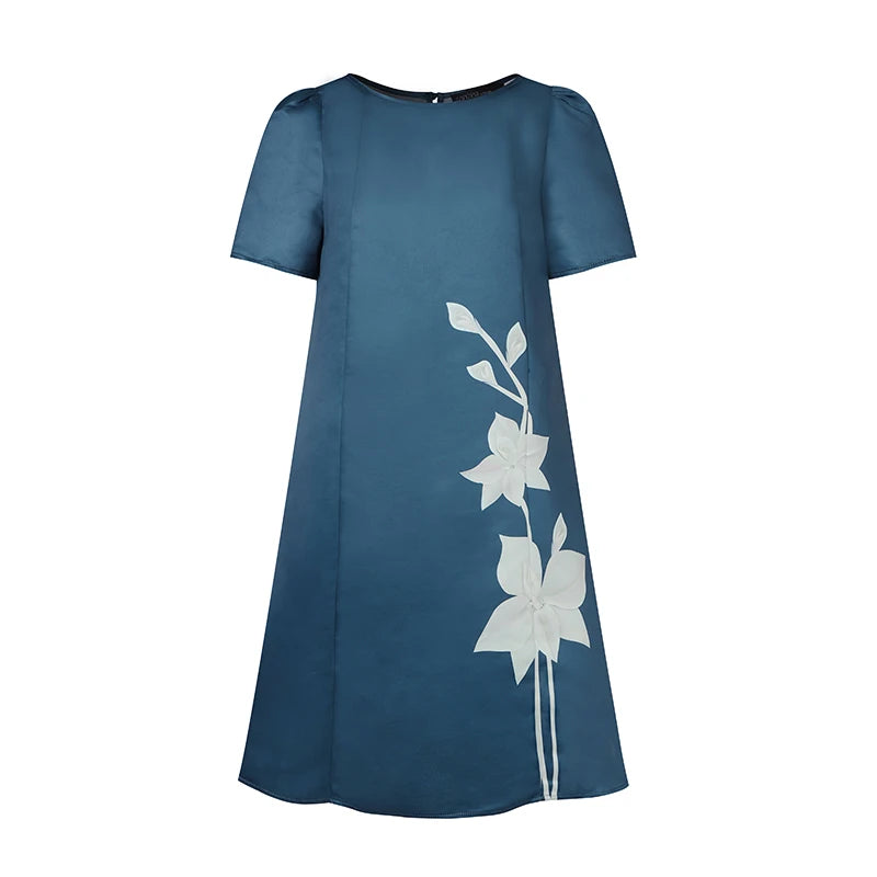 ZANZEA Korean Fashion Women A-line Robe Elegant Satin O Neck Short Sleeve Knee-length Dress Floral Printed Casual Party Vestidos