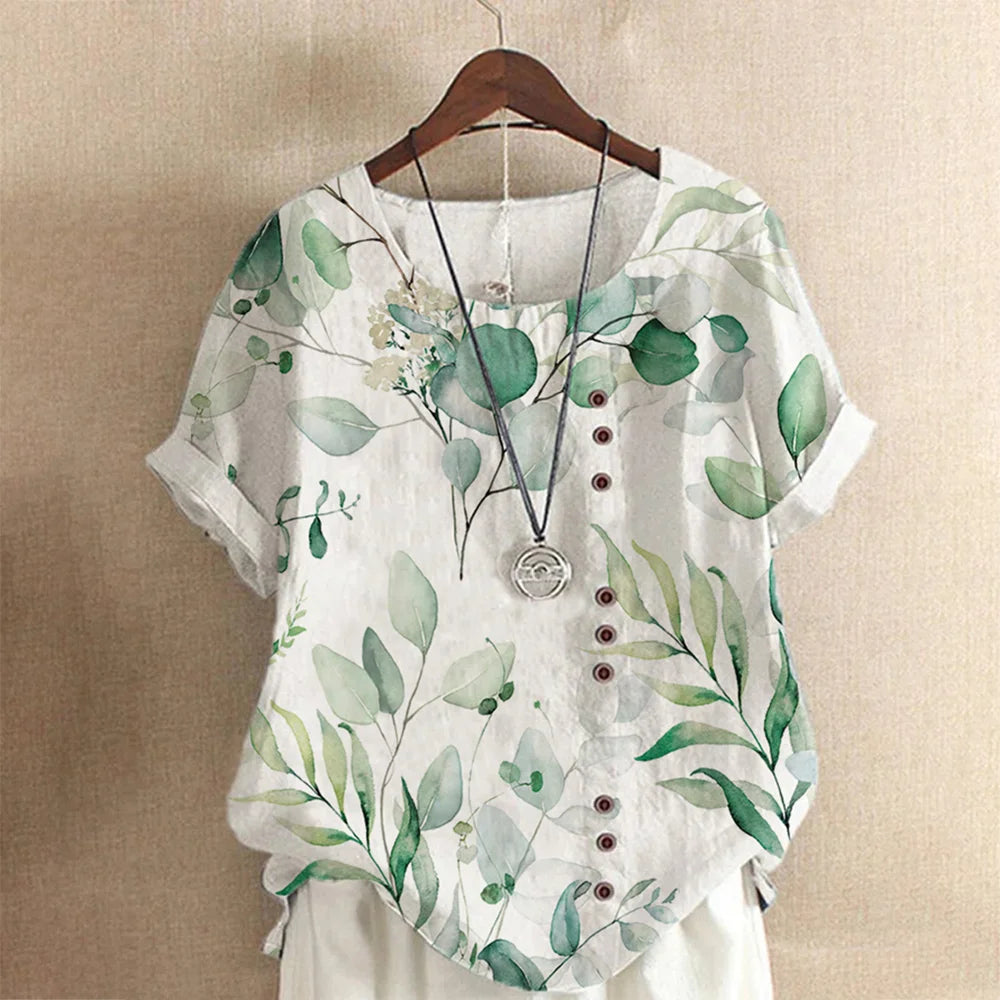 2026 New Women's Casual Blouse Loose Fit Crew Neck Short Sleeve Floral Print Top for Office Dating Daily Wear