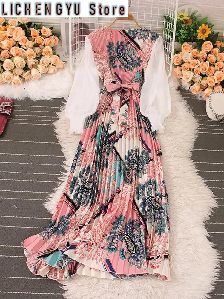 Sweet Style Long Dresse For Women Print Patchwork Pleated Long-sleeve High Waist Dresses Spring Summer New