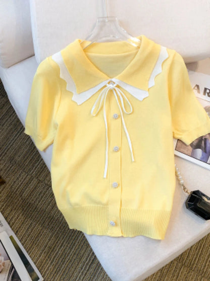 Elegant Short Sleeve Sweater with Lace Up Contrast Trim - Women's Clothing