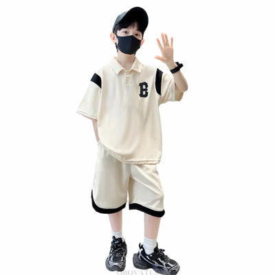 Boys Summer Clothing Set 2025 New Casual Cotton Turn Down Collar Polo Shirt & Shorts Two Piece Suit Teenage Clothes Tracksuit