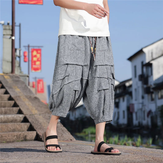 Large Size Thin Shorts Men Streetwear Vintage Patchwork Casual Short Chinese Style Harajuku Baggy Wide-leg Calf Length Pant Male
