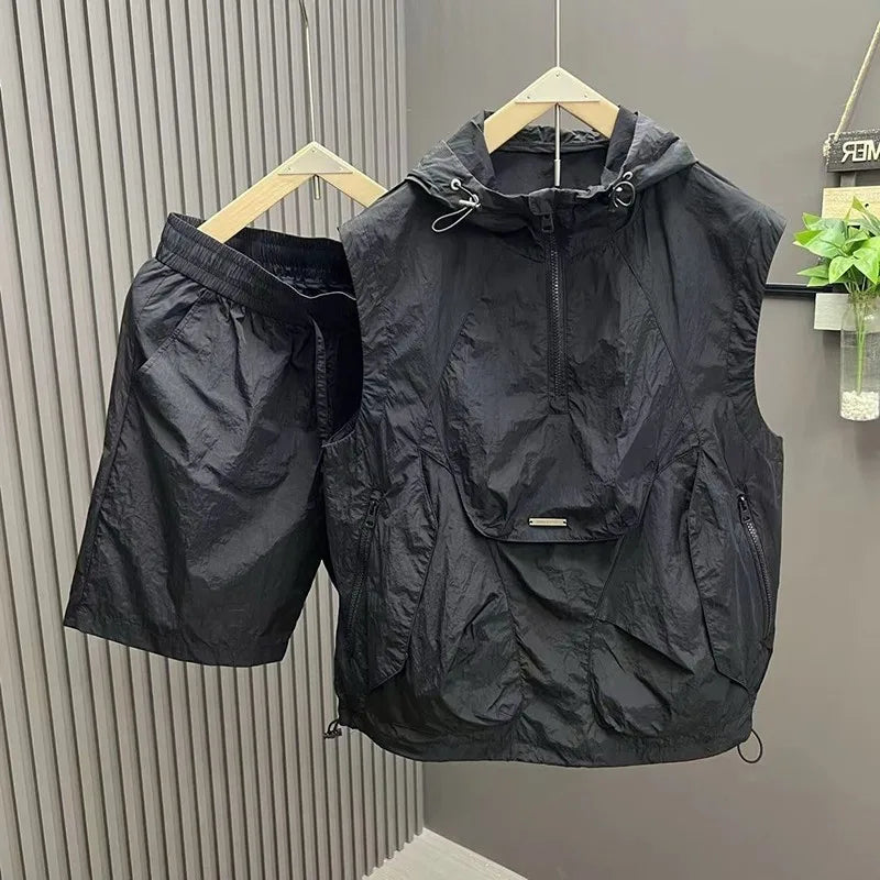 Men's Casual Lightweight Vest orts Two-Piece Set Summer Hat Faion Sun Protection Polyester Fiber Thin Sle Commuting