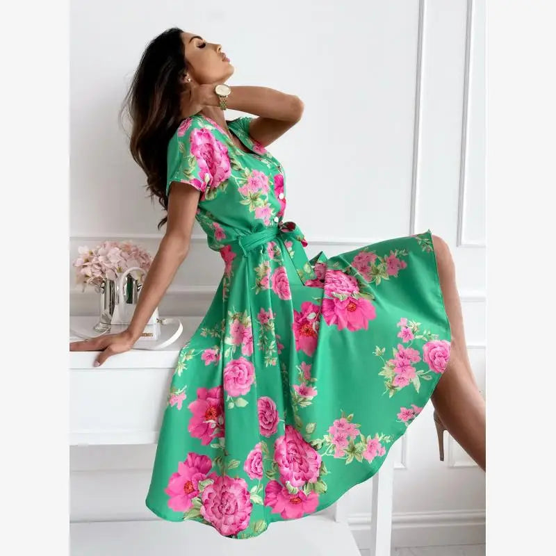 Summer New Women's Loose Slimming Midi Dr ort Sve Ele Lady Sle Floral Print Gown with  Knot