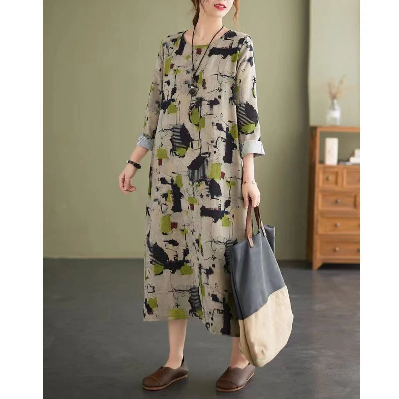 Women's Clothing Vintage Ethnic Style Print Harajuku Casual Dresses Spring Autumn Fashion Long Sleeve Oversized Midi Dress Robe