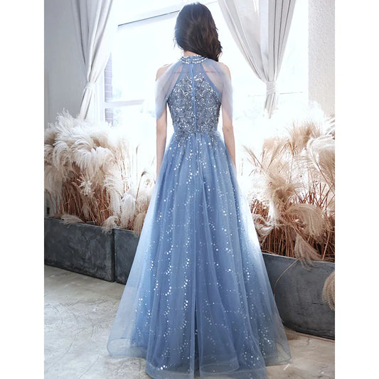French Halter Off Shoulder Sequined Sparking Long Formal Evening Gown Blue