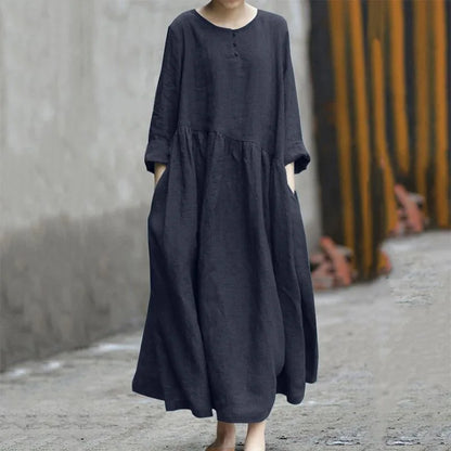 Women Cotton Linen Asymmetrical Loose Long Dress Autumn O-neck Long Sleeve Pocket Baggy Party Dresses JYFS-HS6144