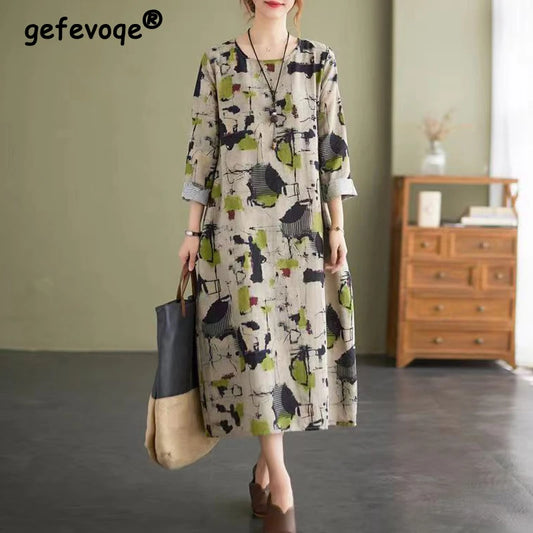 Women's Clothing Vintage Ethnic Style Print Harajuku Casual Dresses Spring Autumn Fashion Long Sleeve Oversized Midi Dress Robe