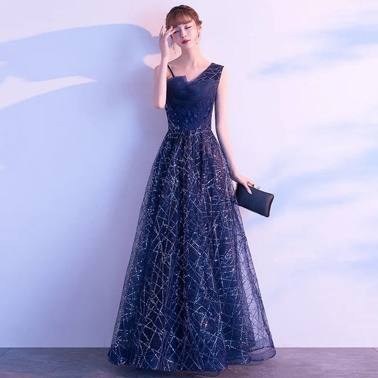 Ele Blue adient Starry  Evening Gown Women's Faion ow Host Ball Dr Autumn New Arrival Chinese Production