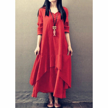 Women Elegant Linen Ginger Dresses Bohemia Layering Vintage Robe Long Sleeve Loose Long Dress Female Autumn Vestidos