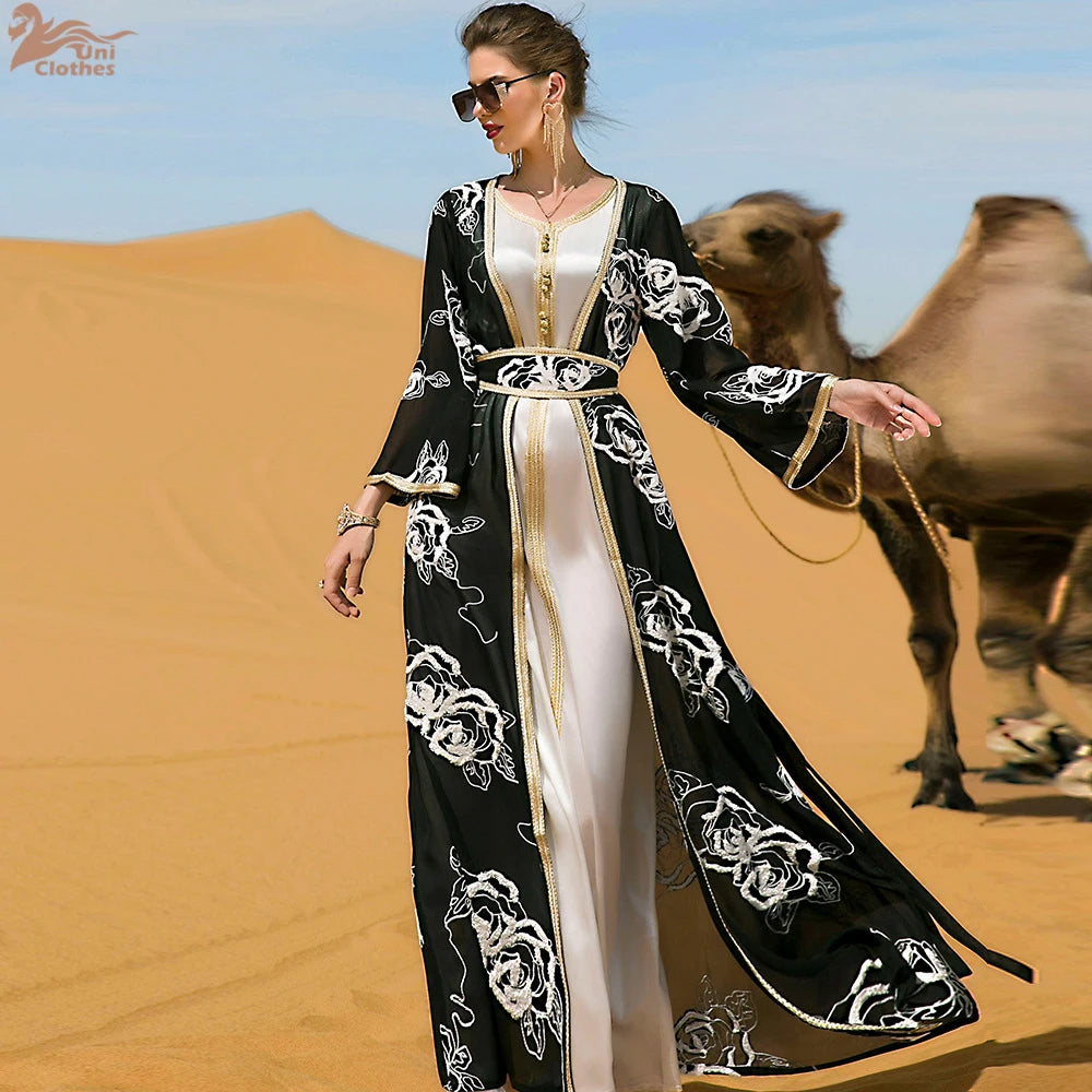 Ramadan Abaya Dubai Embroidery Formal Long Dress for Women 2 Piece Suit Arabic Kimono Suit Female Islam Dresses Caftan Marocain