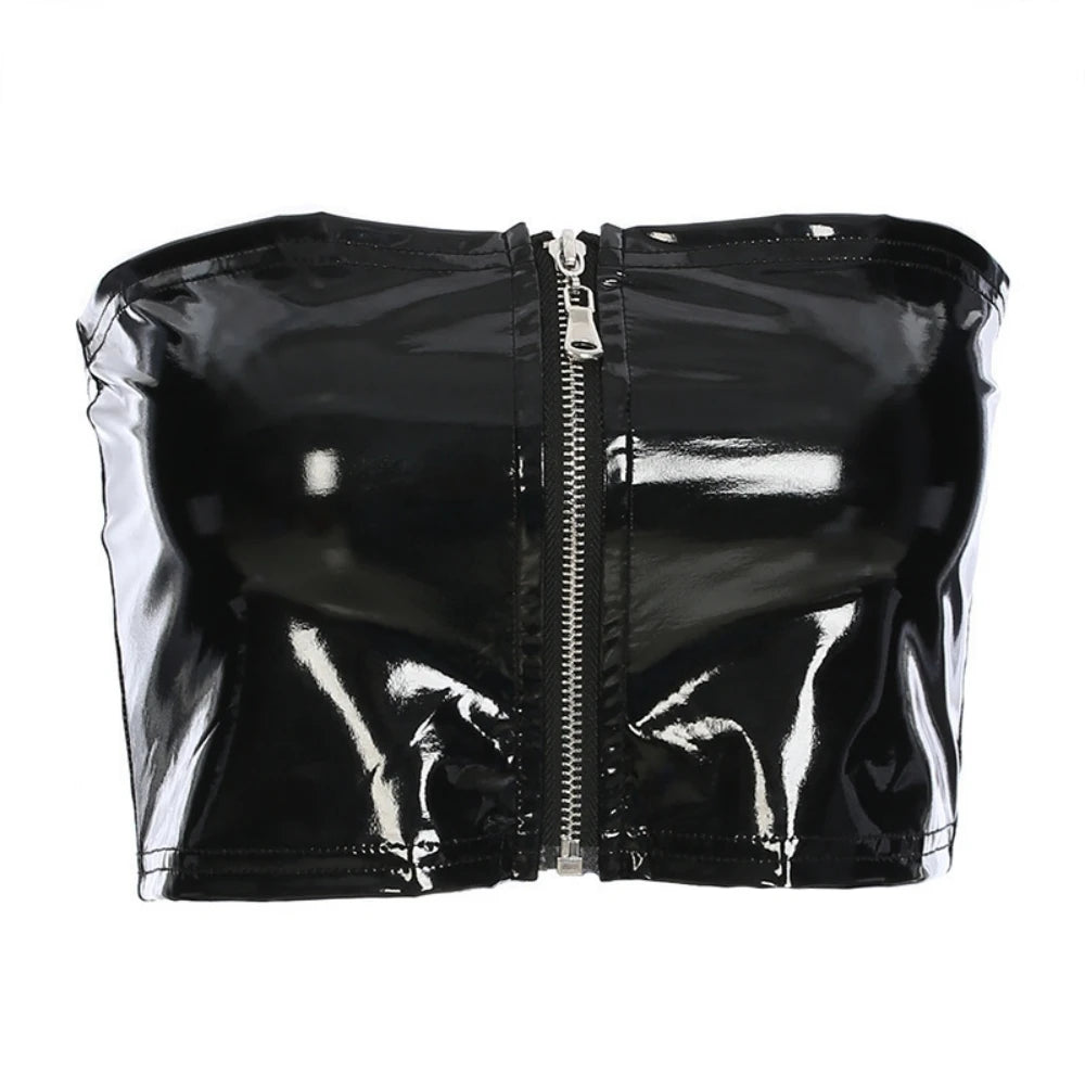 Women's Sexy Pu Crop Vest Black Leather PVC Shiny Zipper Navel Bandeau Bra Tube Bandage Bralet Crop Tank Top Bralette Bustier