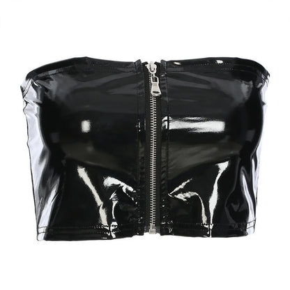 Women's Sexy Pu Crop Vest Black Leather PVC Shiny Zipper Navel Bandeau Bra Tube Bandage Bralet Crop Tank Top Bralette Bustier
