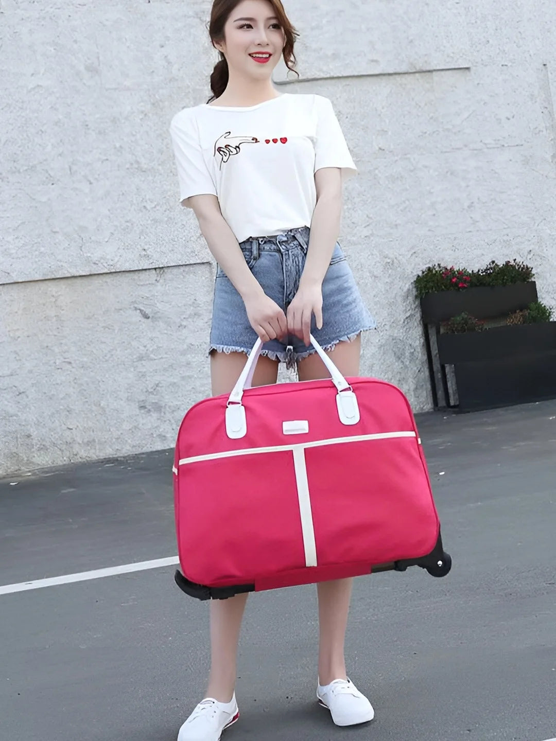 Large Capaci Travel Bag Women's Lightweight Pull Bag Portable ort Trip Hand Lage Bag with Wheels Faionable Ox Cloth