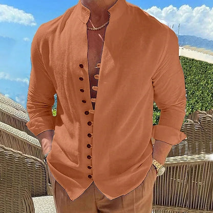 2023 New Men's Cotton Hemp Casual Loose Long Sve irt Pure Color Stand Collar Summer Faion Comfortable Clothing