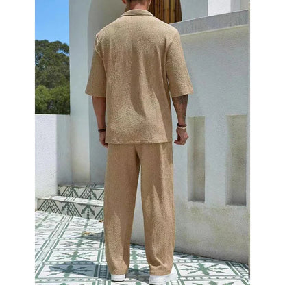 Men's Summer Fashion Loose Men Suit Solid Half Sleeved T-shirt And Pants Water Wave Wrinkles Two-piece Set For Male Outfits