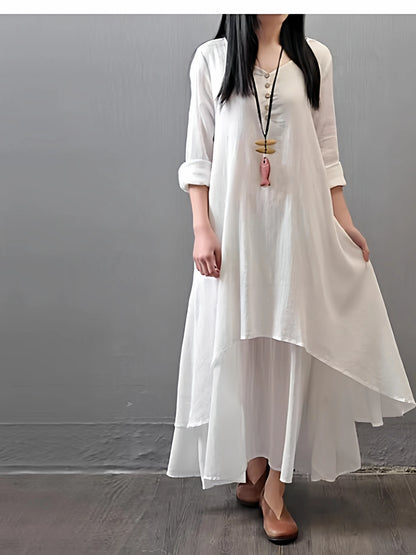Loose Long Sve Cotton Linen Skirt Women's Artistic Sle Loose Fit Maxi Skirt Summer Casual V-ne A-line Dr