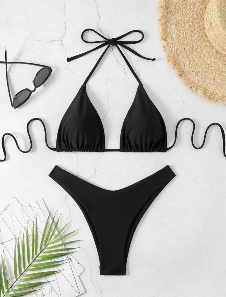 Women Thong Bikini Sexy Solid White/Black/Coffee Halter Swimsuit Lace Up Brazilian Bathing Suit 2025 New Double Fabric Beachwear