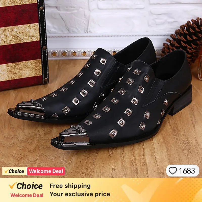 Italian men's dress shoes black metal rivet pointed men's leather business shoes, party shoes men's flat shoes