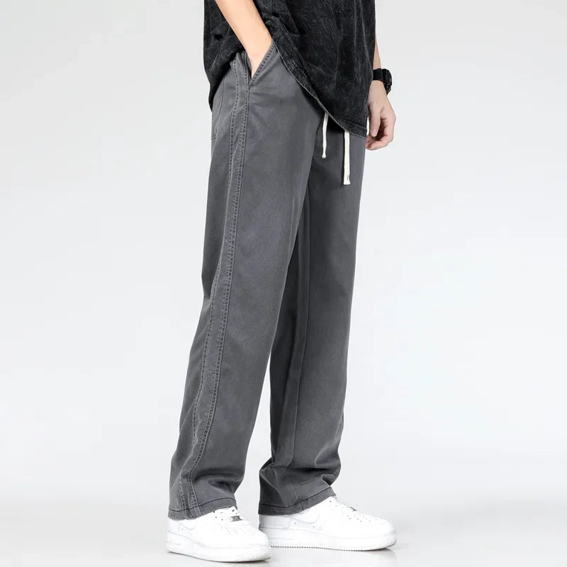 2025 Summer New Soft Lyocell Fabric Men's Jeans Thin Loose Straight Leg Pants Drawstring Elastic Waist Korean casual pants