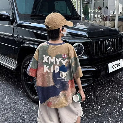 Summer Boys T-shirt High Quality Sweat Wicking Breathable Top Digital Spray Printed Children's Clothing High Street Kids Clothes