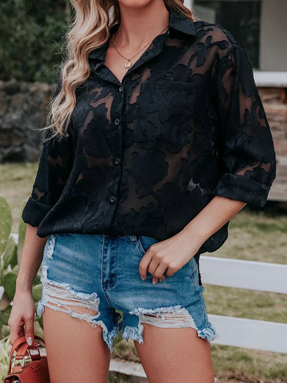 White Jacquard Chiffon Blouse Women Spring Summer Long Sleeve Button Shirts Elegant Vintage Casual See Through Oversize Blouses