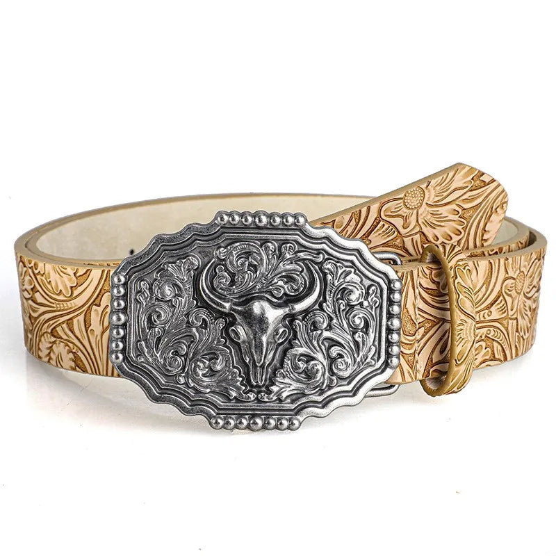 Western Cowboy Style Vintage Casual Belts - Ox Head Carved Buckle & Bohemian Print, Perfect For Daily Commute & Dating Outfits