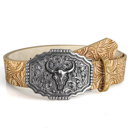 Western Cowboy Style Vintage Casual Belts - Ox Head Carved Buckle & Bohemian Print, Perfect For Daily Commute & Dating Outfits