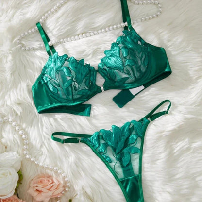 Sexy Lingerie Set Women Transparent Bralette Underwire 2 Piece Bra Floral Embroidery Push Up Bra Panty and Panty Set Underwear