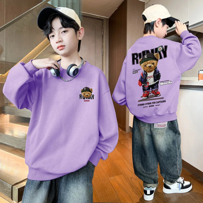 Boys Cartoon Bear Sweatshirts Loose Sports Round Neck Tops New Spring Autumn Clothing Toddler Trendy Printed Long-sleeved Hoodie