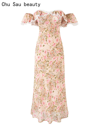 Chu Sau beauty Women New Fashion Sweet Floral Print Chic Lace Long Dress French Slash Neck Sexy Slim Backless Party Dresses