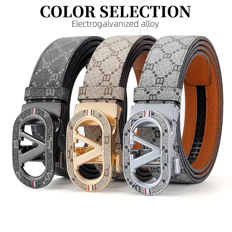 New Big "V" Automatic Buckle Men Belt, Fashionable Letter Buckle Waist Belt, Business Casual Leather Belt,Genuine Suit Belt