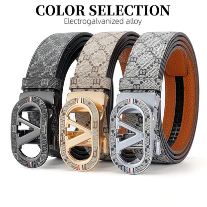 New Big "V" Automatic Buckle Men Belt, Fashionable Letter Buckle Waist Belt, Business Casual Leather Belt,Genuine Suit Belt
