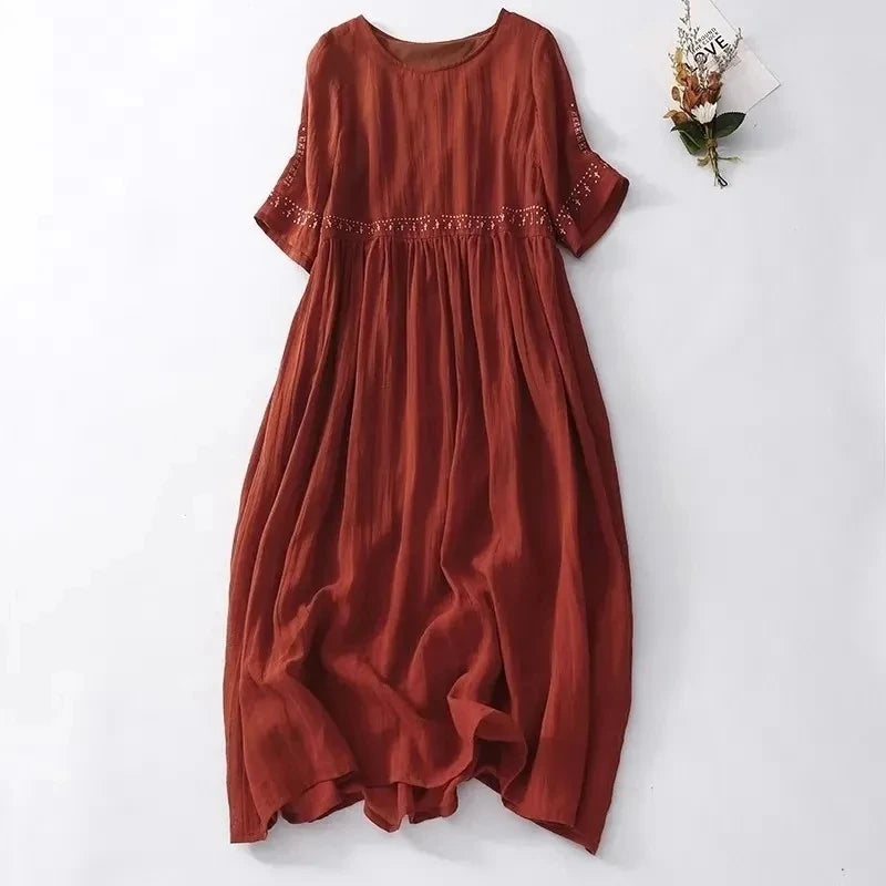 Summer New Women's Cotton and Linen Dress Ethnic Style Embroidery Temperament Round Neck Midi Skirt Loose and Casual White Dress